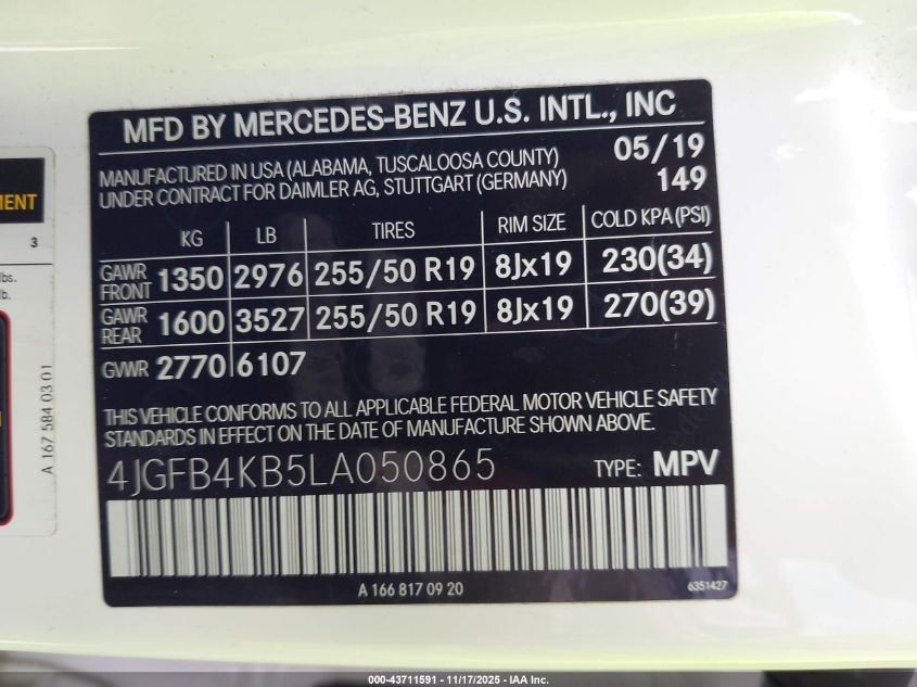 2020 Mercedes-Benz Gle 350 4Matic VIN: 4JGFB4KB5LA050865 Lot: 43711591