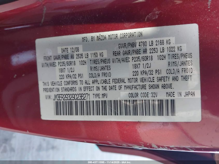 2009 Mazda Cx-7 Sport VIN: JM3ER293290236271 Lot: 43711595