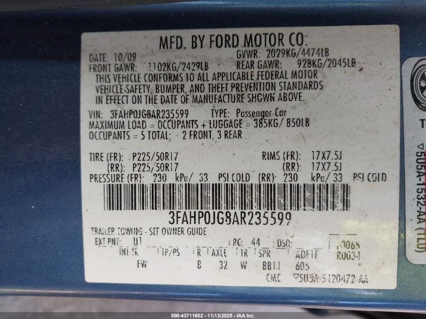 2010 Ford Fusion Sel VIN: 3FAHP0JG8AR235599 Lot: 43711602