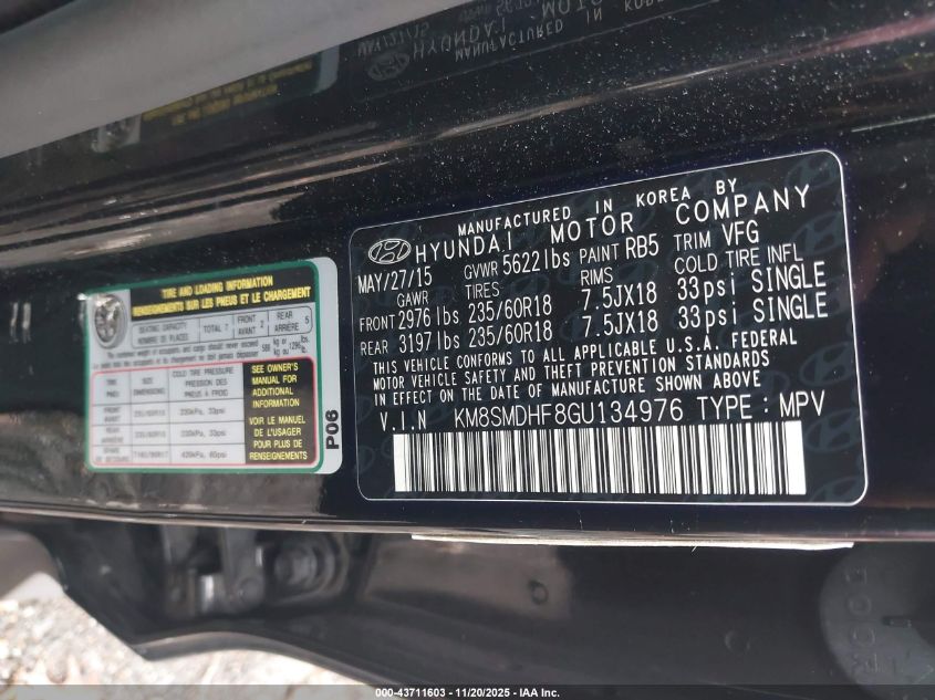 2016 Hyundai Santa Fe Se VIN: KM8SMDHF8GU134976 Lot: 43711603