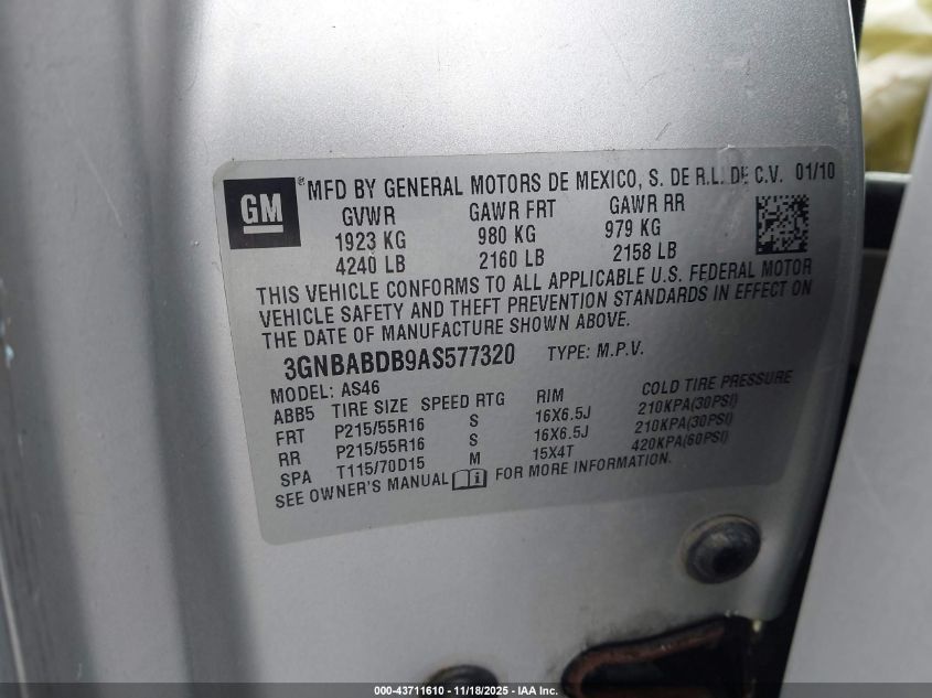 2010 Chevrolet Hhr Lt VIN: 3GNBABDB9AS577320 Lot: 43711610