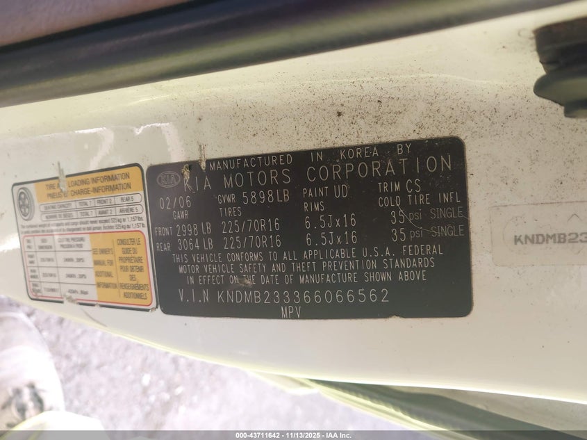 2006 Kia Sedona Ex/Lx VIN: KNDMB233366066562 Lot: 43711642