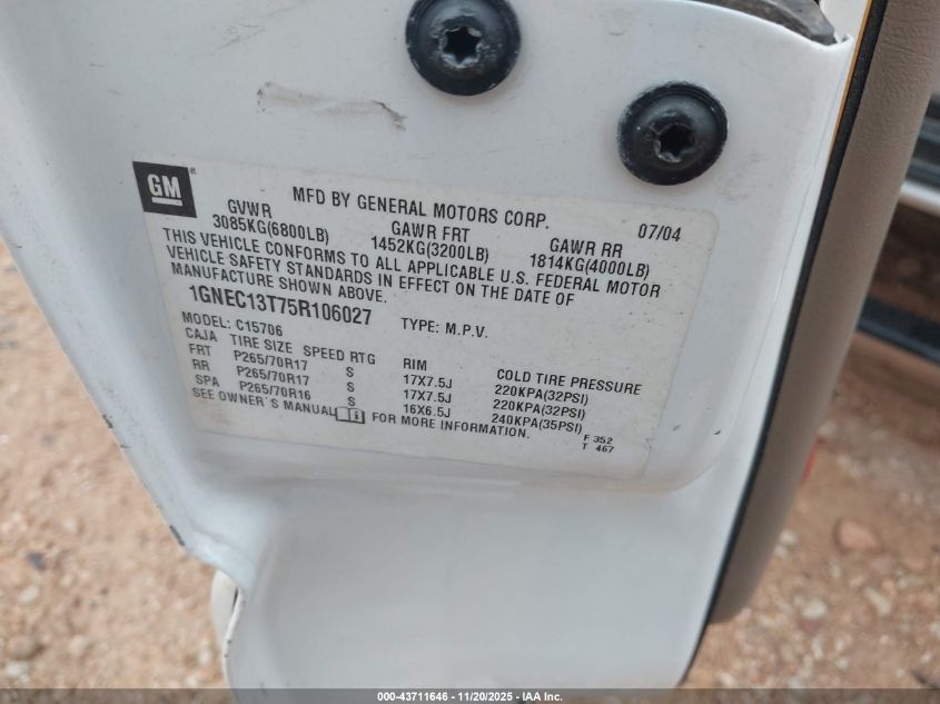 2005 Chevrolet Tahoe Lt VIN: 1GNEC13T75R106027 Lot: 43711646