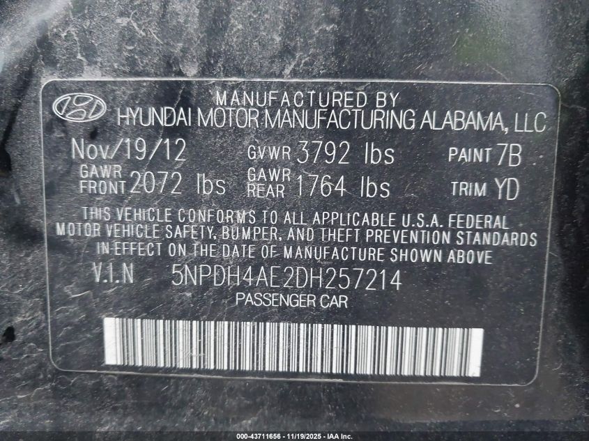 2013 Hyundai Elantra Gls VIN: 5NPDH4AE2DH257214 Lot: 43711656