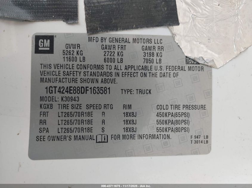 2013 GMC Sierra 3500Hd Slt VIN: 1GT424E88DF163581 Lot: 43711675