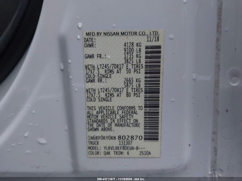 2019 Nissan Nv Cargo Sv VIN: 1N6BF0KY0KN802870 Lot: 43711677