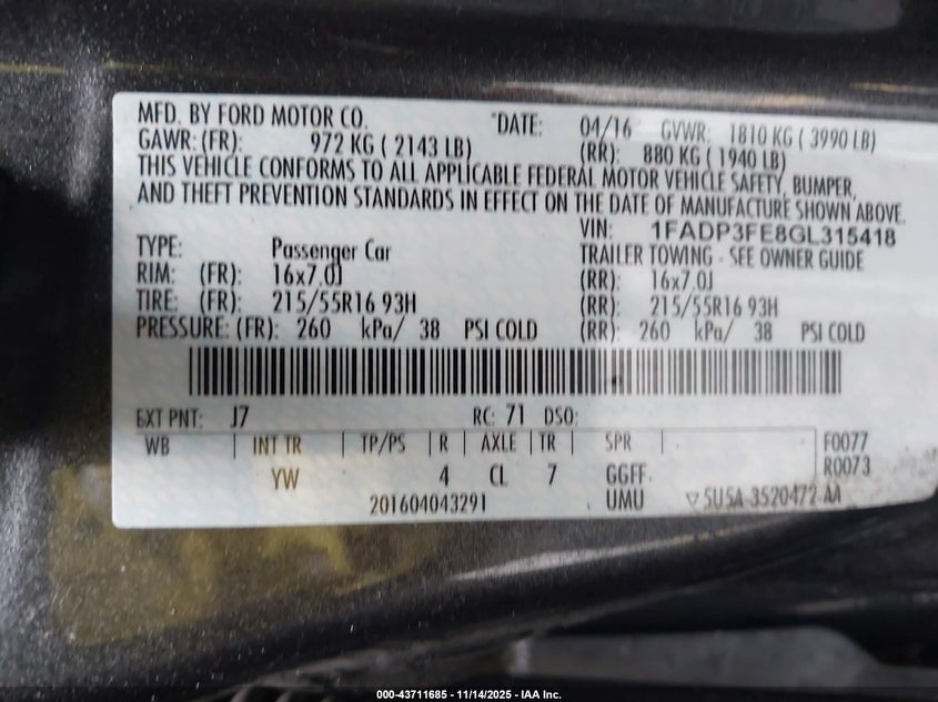 1FADP3FE8GL315418 2016 FORD FOCUS photo no. 9