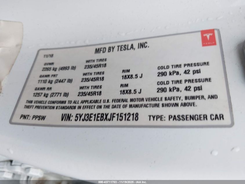 2018 Tesla Model 3 Long Range/Performance VIN: 5YJ3E1EBXJF151218 Lot: 43711703