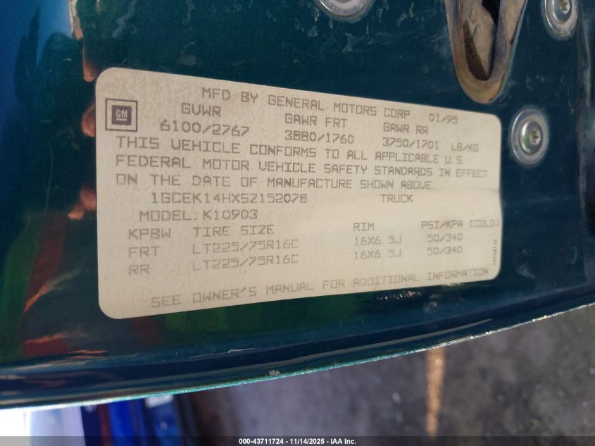 1995 Chevrolet Gmt-400 K1500 VIN: 1GCEK14HXSZ152078 Lot: 43711724