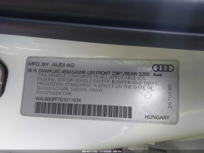 2016 Audi A3 2.0T Premium VIN: WAUB8GFF7G1011634 Lot: 43711732