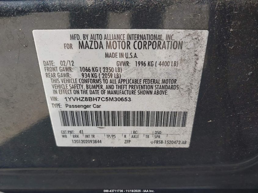 2012 Mazda Mazda6 I Sport VIN: 1YVHZ8BH7C5M30653 Lot: 43711736