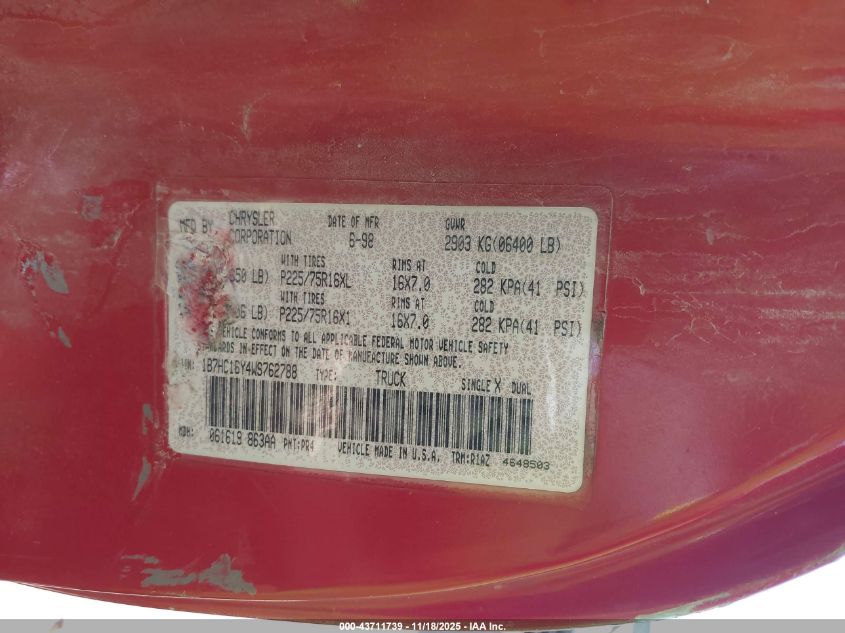 1998 Dodge Ram 1500 St VIN: 1B7HC16Y4WS762788 Lot: 43711739