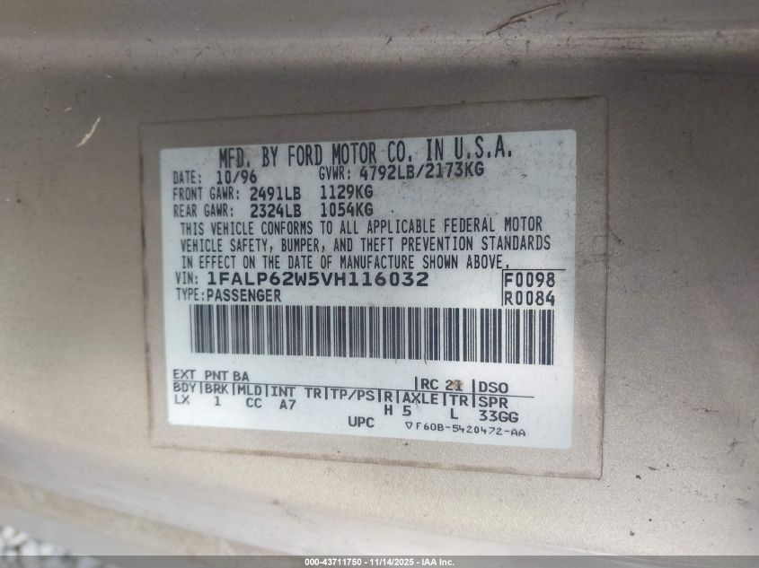 1997 Ford Thunderbird Lx VIN: 1FALP62W5VH116032 Lot: 43711750