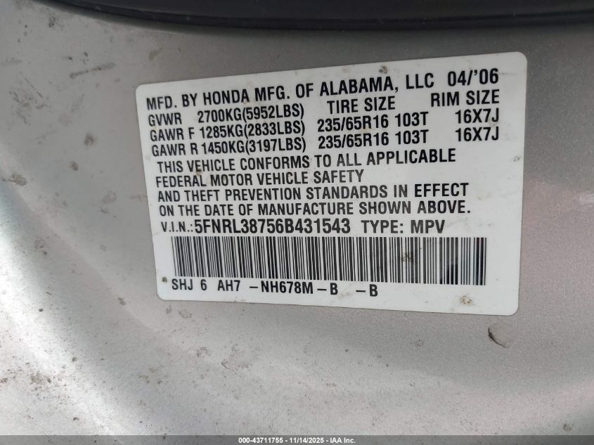 2006 Honda Odyssey Ex-L VIN: 5FNRL38756B431543 Lot: 43711755