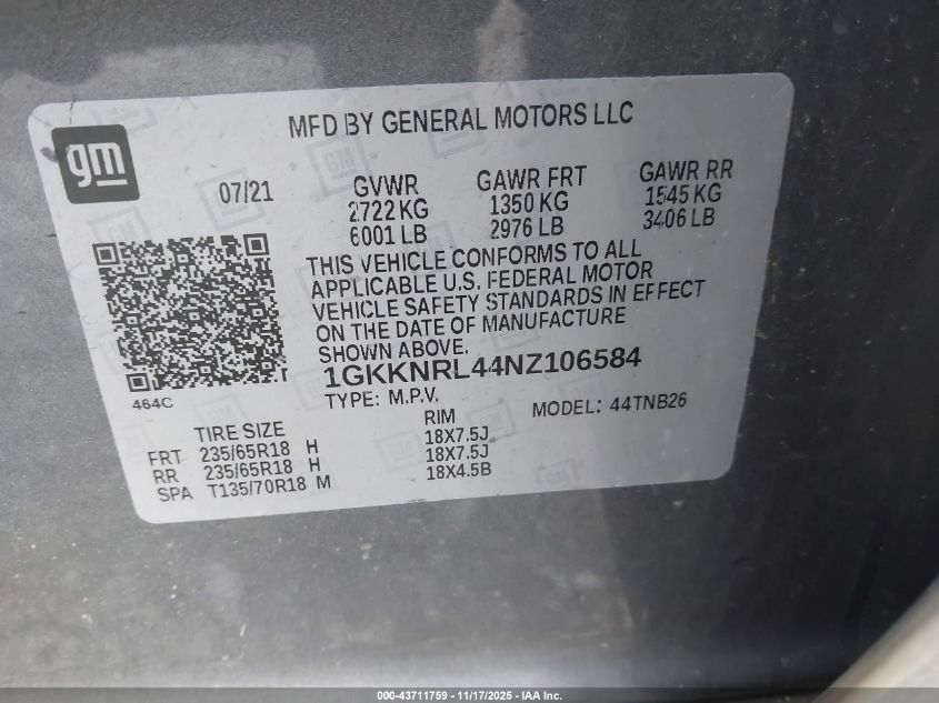 2022 GMC Acadia Awd Sle VIN: 1GKKNRL44NZ106584 Lot: 43711759