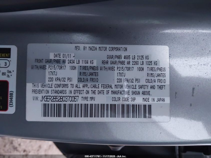 2011 Mazda Cx-7 I Sport VIN: JM3ER2B52B0370067 Lot: 43711761