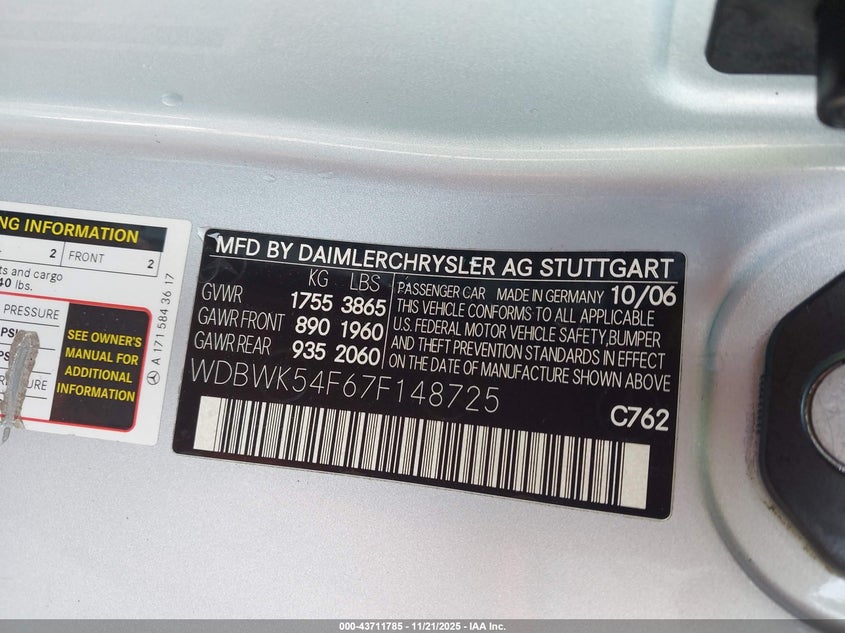 2007 Mercedes-Benz Slk 280 VIN: WDBWK54F67F148725 Lot: 43711785