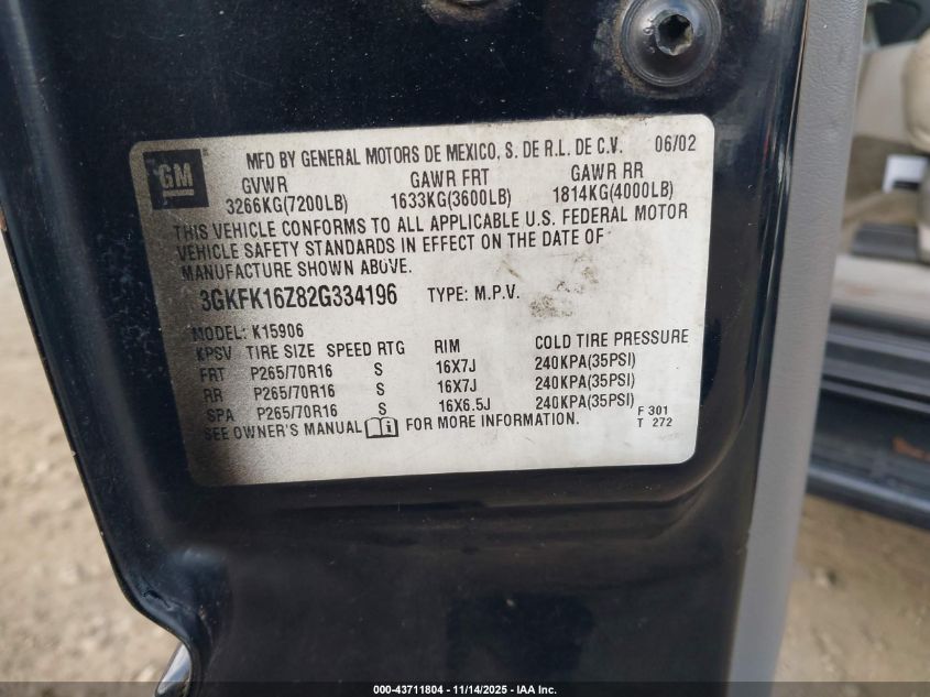 2002 GMC Yukon Xl 1500 Slt VIN: 3GKFK16Z82G334196 Lot: 43711804