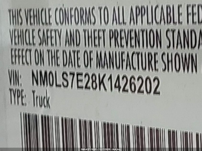 2019 Ford Transit Connect Xl VIN: NM0LS7E28K1426202 Lot: 43711810