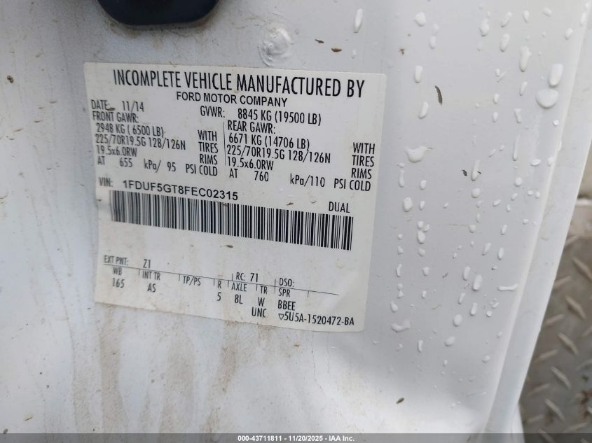 2015 Ford F-550 Chassis Xl VIN: 1FDUF5GT8FEC02315 Lot: 43711811
