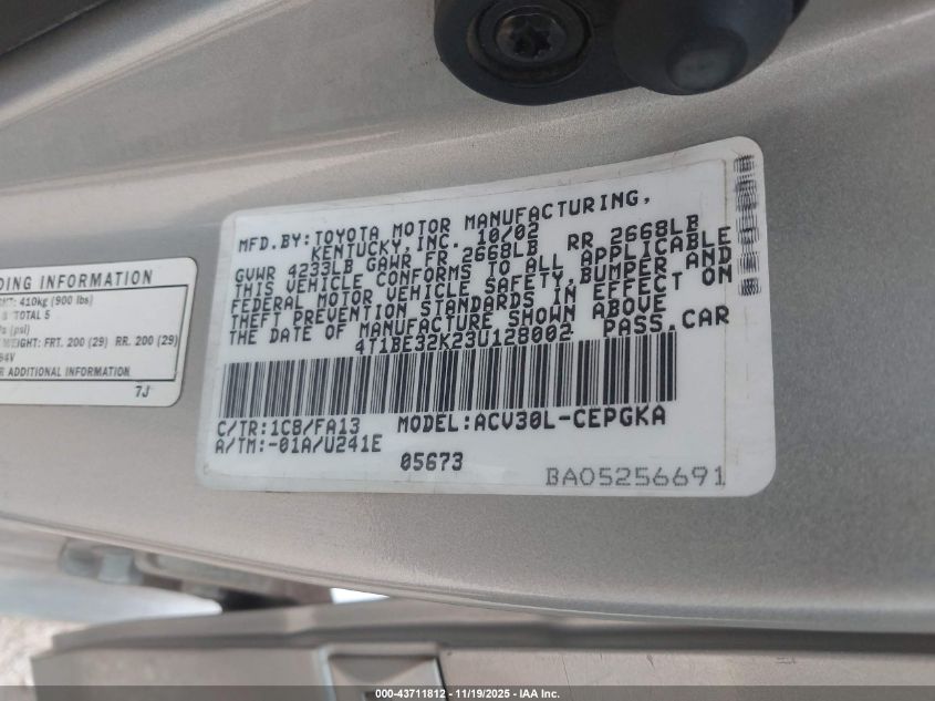 2003 Toyota Camry Xle VIN: 4T1BE32K23U128002 Lot: 43711812