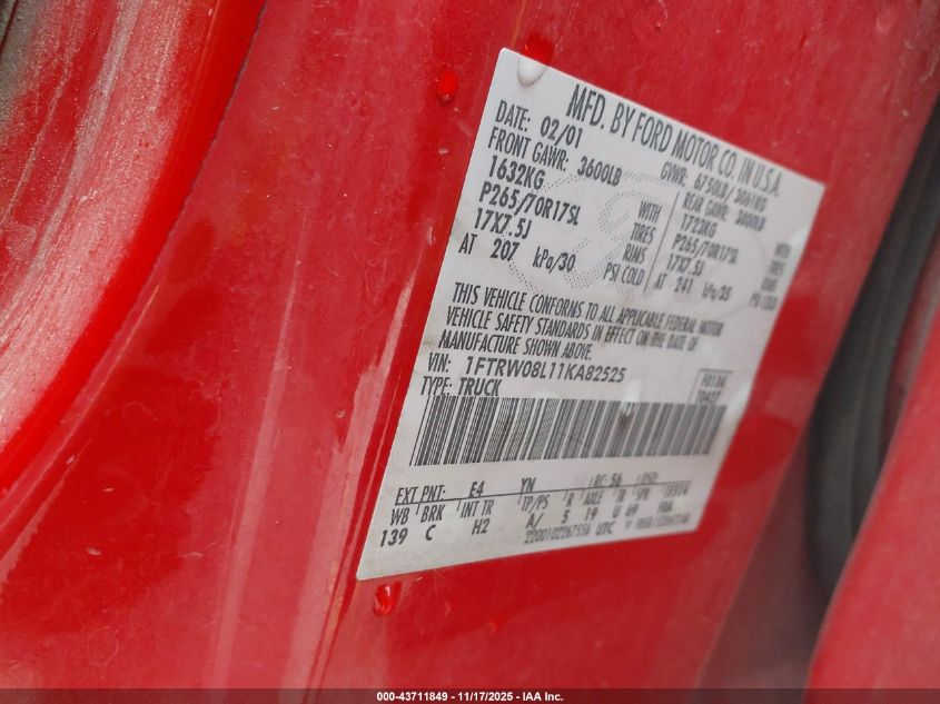 2001 Ford F-150 King Ranch Edition/Lariat/Xlt VIN: 1FTRW08L11KA82525 Lot: 43711849
