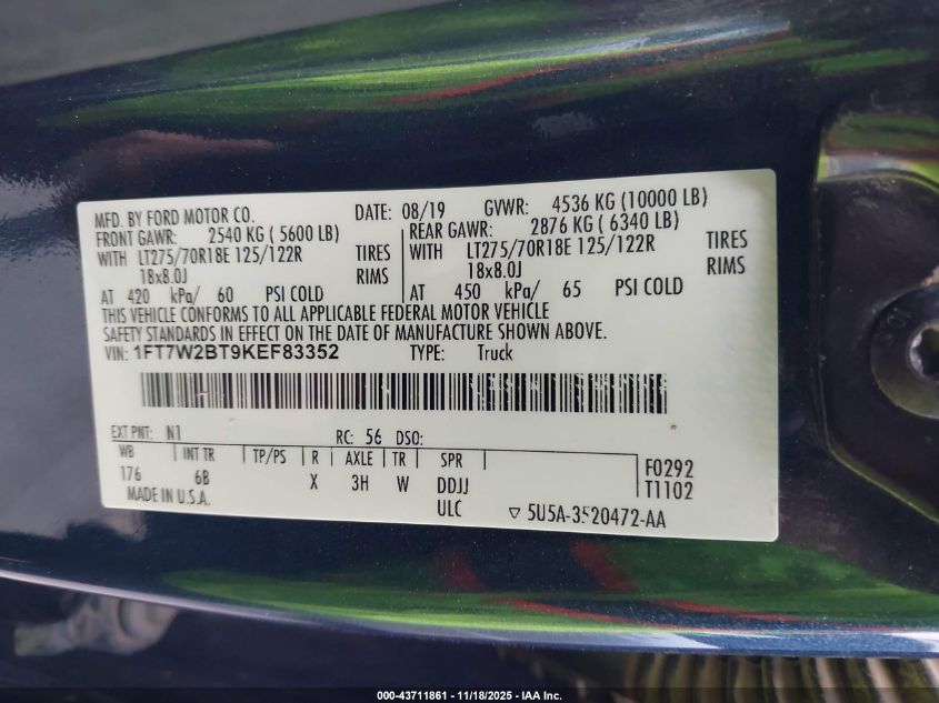 2019 Ford F-250 Lariat VIN: 1FT7W2BT9KEF83352 Lot: 43711861