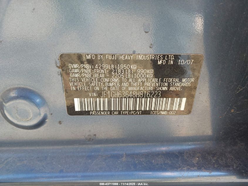 2008 Subaru Impreza Outback Sport VIN: JF1GH63648H816223 Lot: 43711866