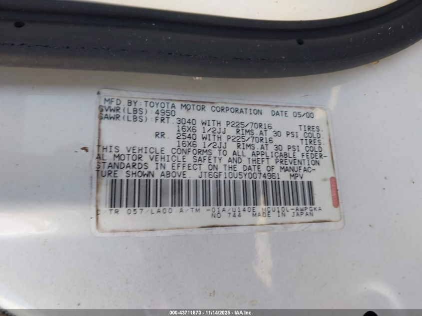 2000 Lexus Rx 300 VIN: JT6GF10U5Y0074961 Lot: 43711873