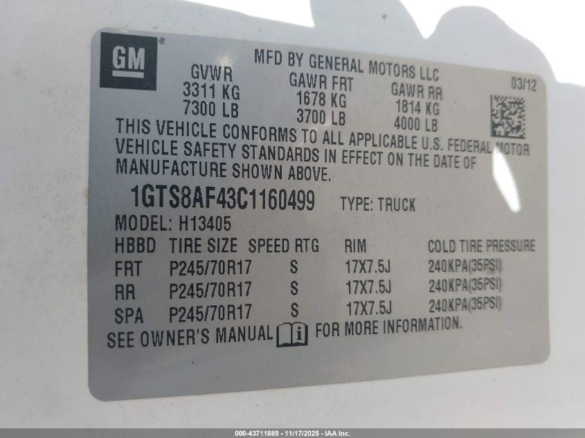 2012 GMC Savana 1500 Work Van VIN: 1GTS8AF43C1160499 Lot: 43711889