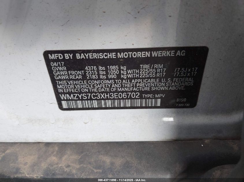 2017 Mini Countryman Cooper VIN: WMZYS7C3XH3E06702 Lot: 43711898