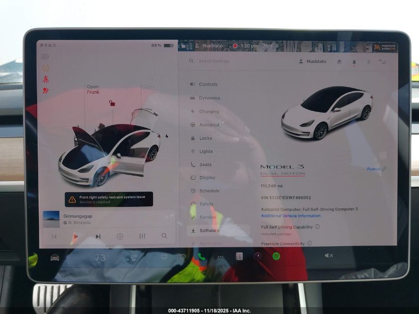 2019 Tesla Model 3 Long Range/Performance VIN: 5YJ3E1EB1KF486952 Lot: 43711905