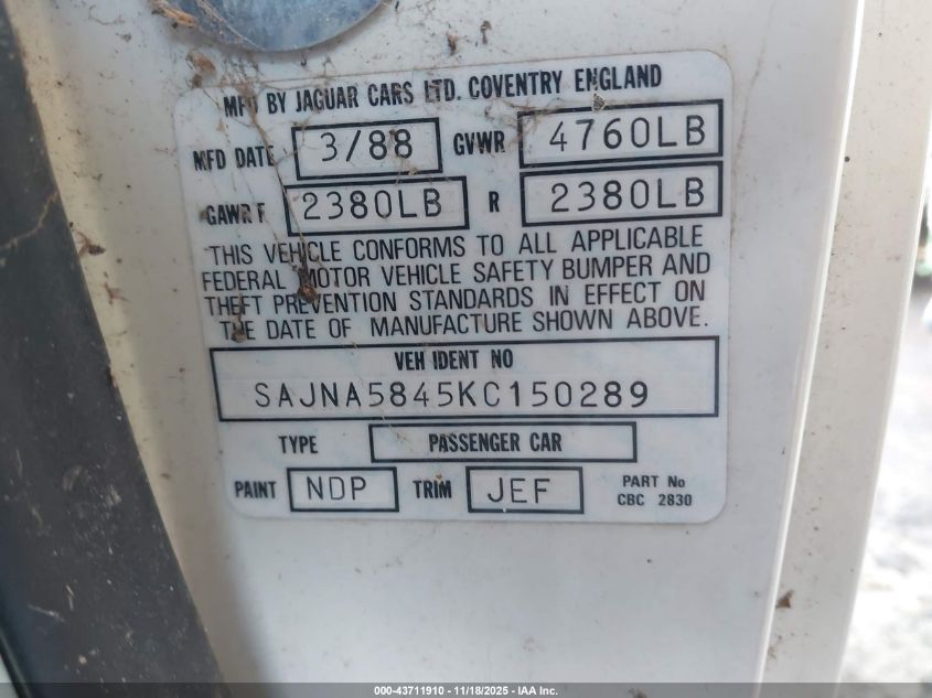 1989 Jaguar Xjs VIN: SAJNA5845KC150289 Lot: 43711910