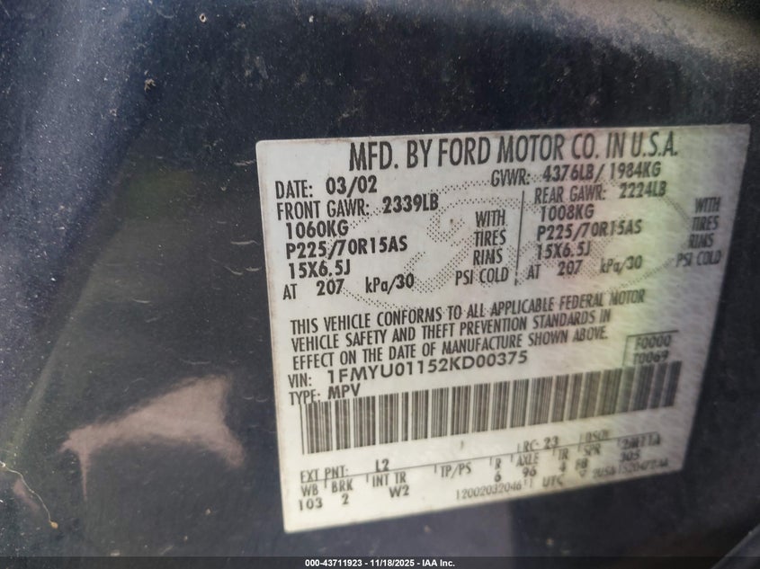 2002 Ford Escape Xls VIN: 1FMYU01152KD00375 Lot: 43711923