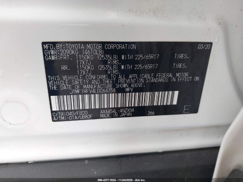 2020 Toyota Rav4 Le VIN: JTMF1RFV4LD064358 Lot: 43711924