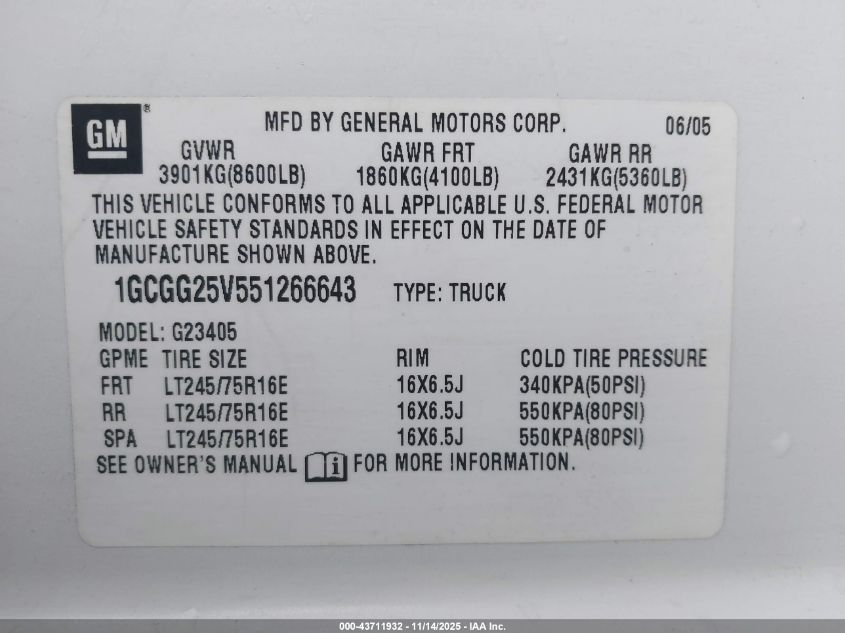 2005 Chevrolet Express VIN: 1GCGG25V551266643 Lot: 43711932