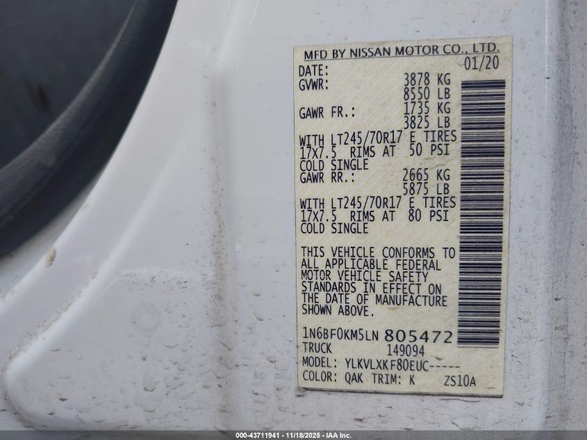 2020 Nissan Nv Cargo Nv1500 Sv Standard Roof V6 VIN: 1N6BF0KM5LN805472 Lot: 43711941