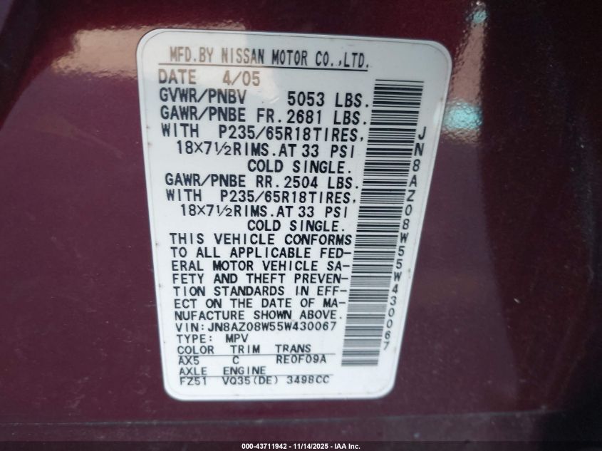 2005 Nissan Murano Sl VIN: JN8AZ08W55W430067 Lot: 43711942