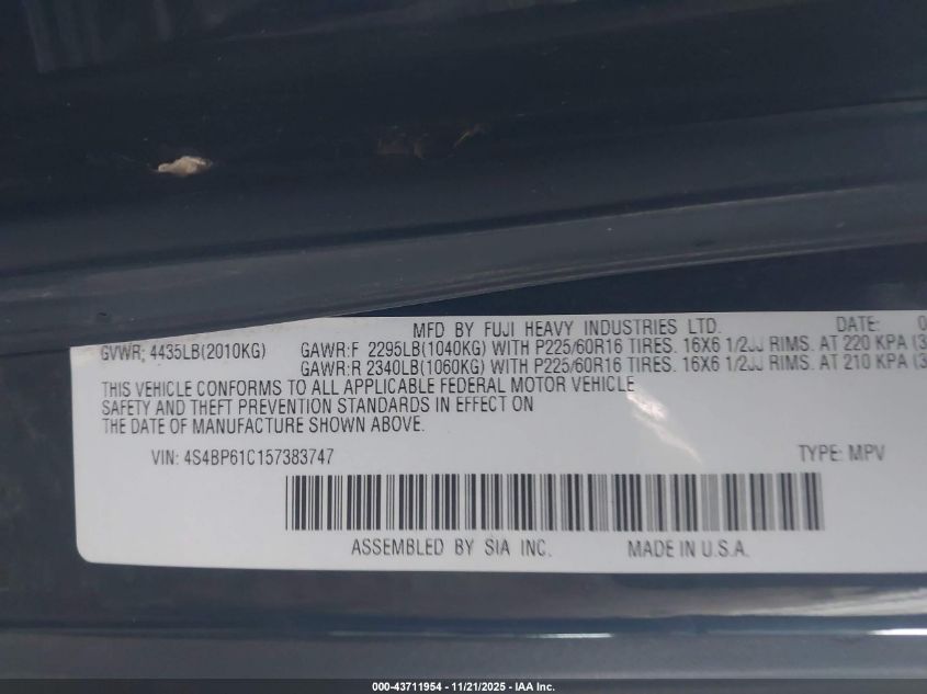 2005 Subaru Outback 2.5I VIN: 4S4BP61C157383747 Lot: 43711954