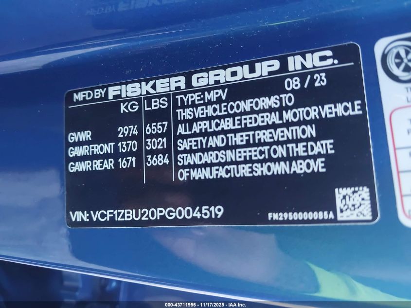 2023 Fisker Ocean One VIN: VCF1ZBU20PG004519 Lot: 43711956