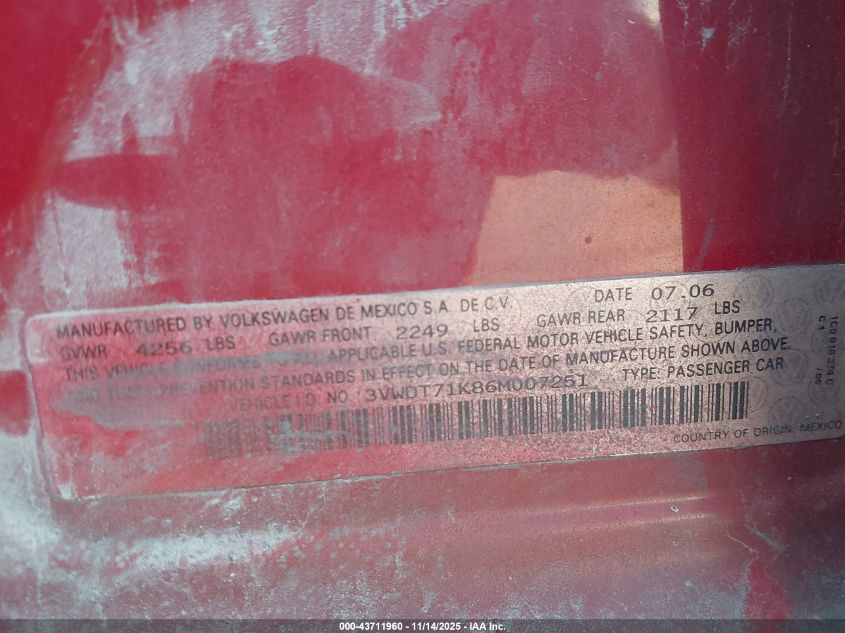 2006 Volkswagen Jetta Tdi VIN: 3VWDT71K86M007251 Lot: 43711960