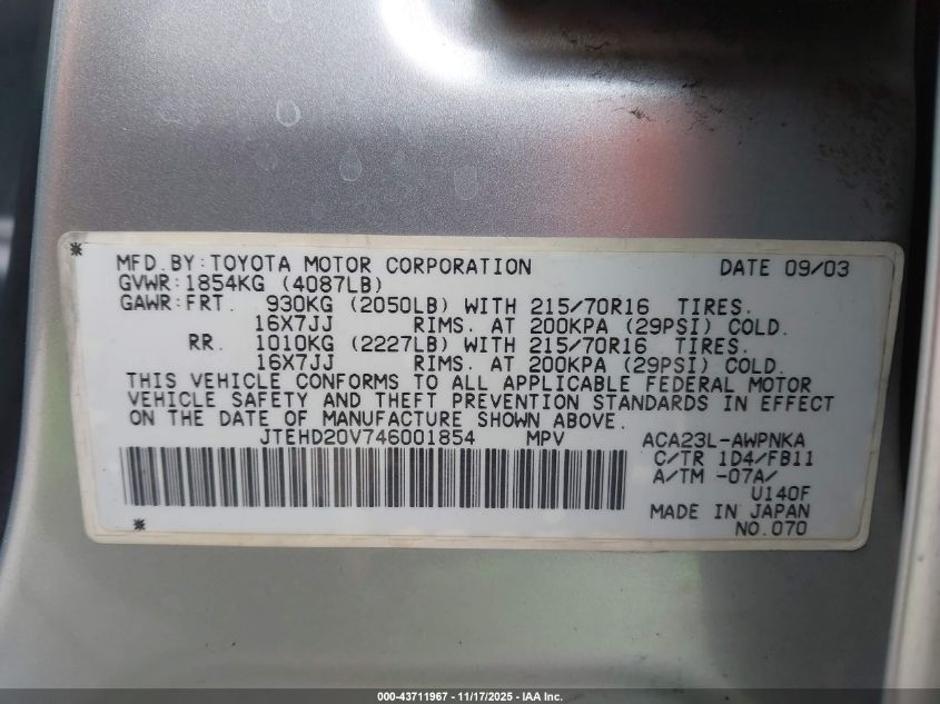 2004 Toyota Rav4 VIN: JTEHD20V746001854 Lot: 43711967