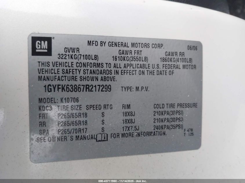 2007 Cadillac Escalade Standard VIN: 1GYFK63867R217299 Lot: 43711980