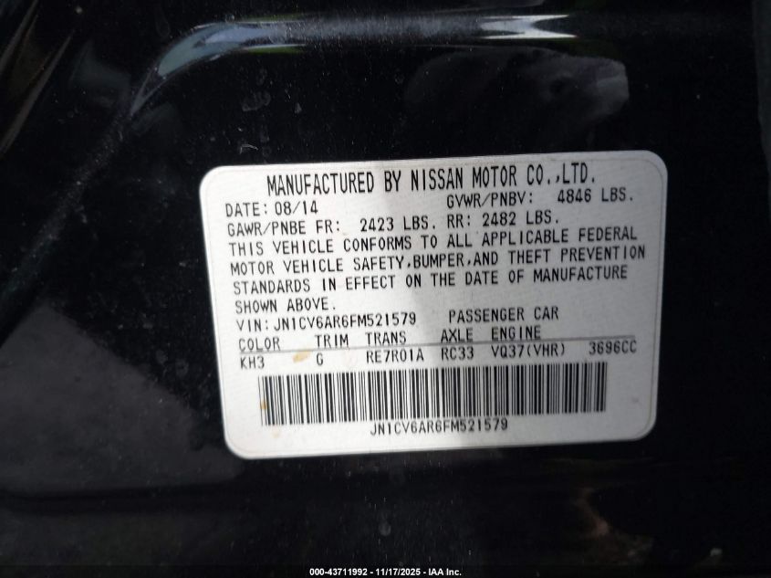 2015 Infiniti Q40 VIN: JN1CV6AR6FM521579 Lot: 43711992