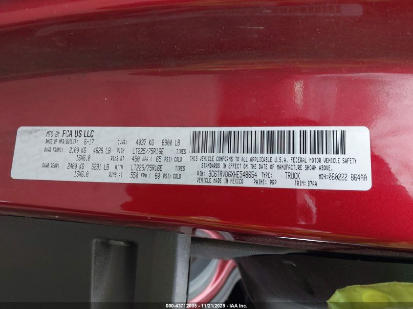 2017 Ram Promaster 2500 High Roof 159 Wb VIN: 3C6TRVDGXHE548654 Lot: 43712005