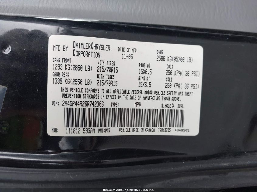 2006 Chrysler Town & Country Lx VIN: 2A4GP44R26R742306 Lot: 43712004