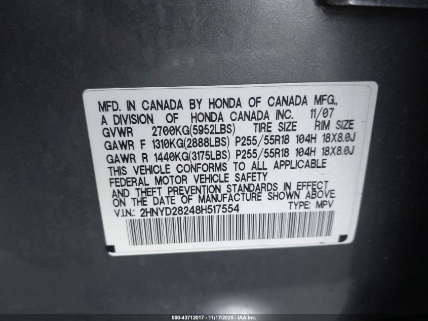 2008 Acura Mdx VIN: 2HNYD28248H517554 Lot: 43712017