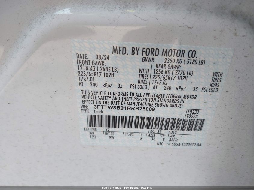 2024 Ford Maverick Xl VIN: 3FTTW8B91RRB25009 Lot: 43712020