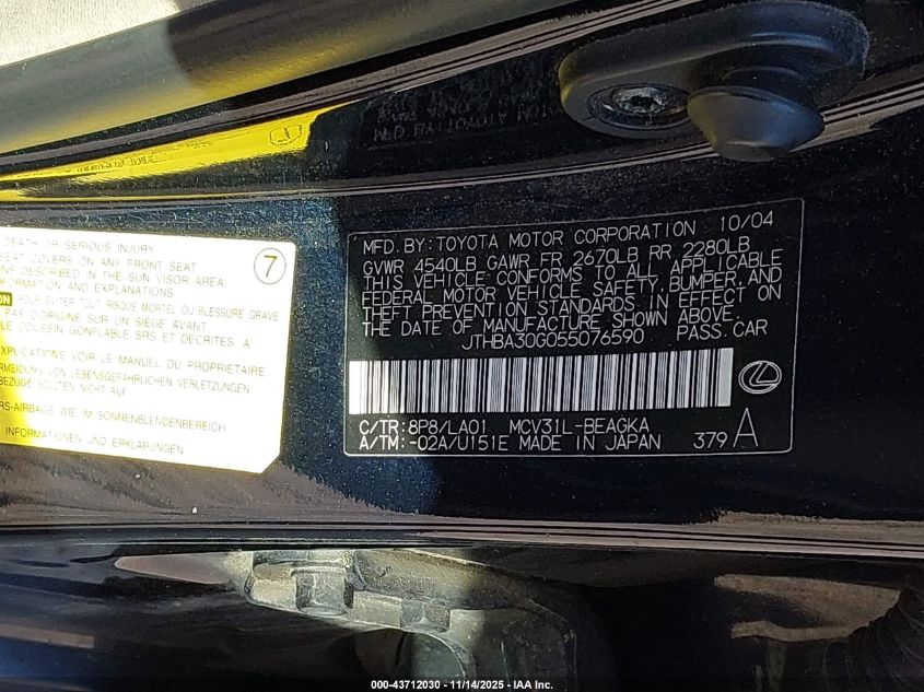 2005 Lexus Es 330 VIN: JTHBA30G055076590 Lot: 43712030