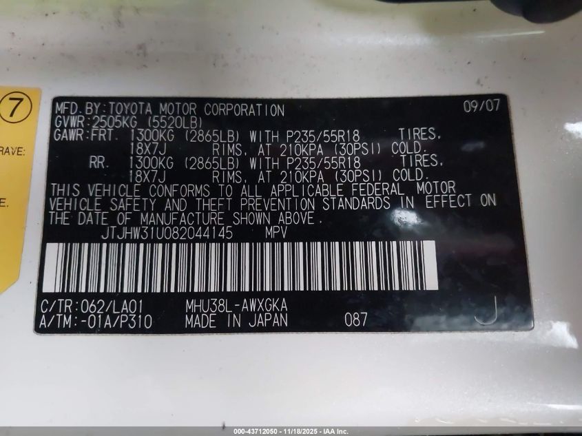 2008 Lexus Rx 400H VIN: JTJHW31U082044145 Lot: 43712050